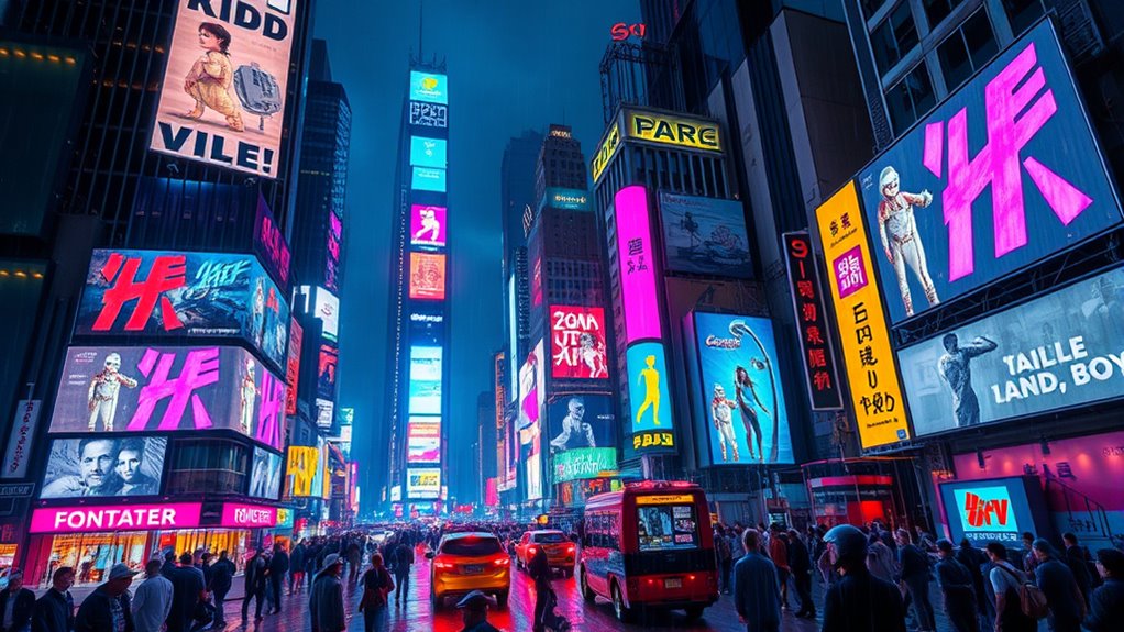 neon lit dystopian urban decay