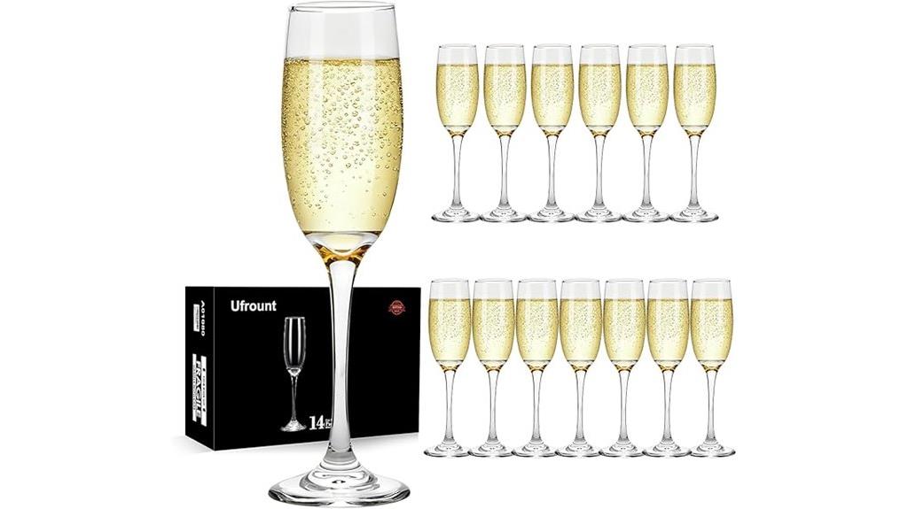 fourteen clear champagne flutes