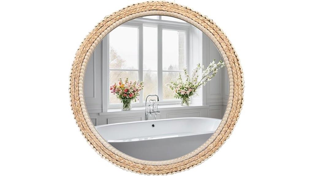 rattan wood round mirror
